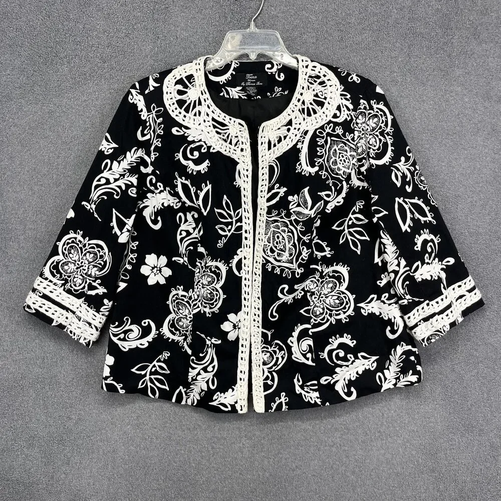 Trenz Woman by Theresa Renz Jacket Womens 1X‎ Black Floral Crochet Lace Trim